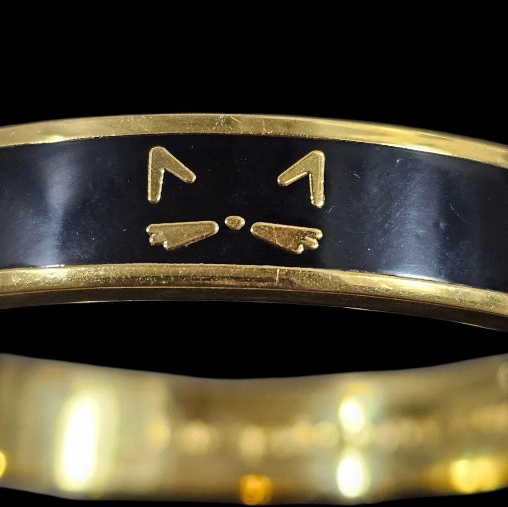 Kate Spade “Cool Cat” Hinged Bangle Black Enamel Gold Cat Face Bracelet EUC - Picture 7 of 7